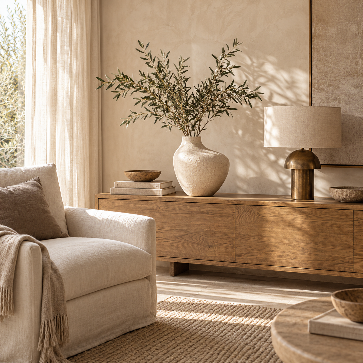 Hogar Alma KL: consola de madera natural, jarrón cerámico con ramas de olivo y sillón de lino en tonos cálidos.