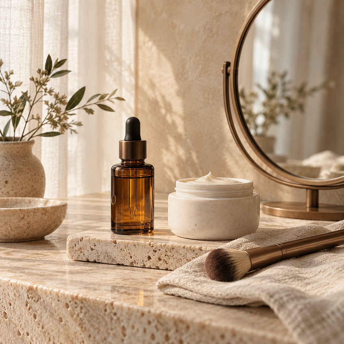 Belleza Alma KL: sérum ámbar, crema y brocha sobre travertino con espejo de bronce y luz natural.