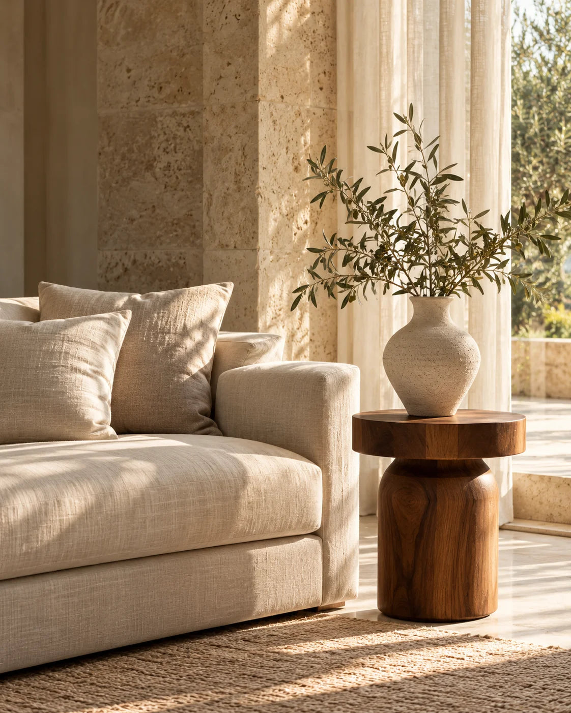 Rincón de hogar con sofá de lino, madera natural y un jarrón con ramas de olivo